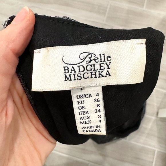 Belle Badgley Mischka Lace Overlay Back Slit Shimmer Maxi Dress Gown Black Sz 4 - Picture 15 of 16